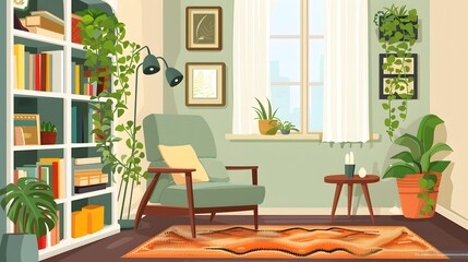 Fototapeta premium Cozy Living Room Interior Design with Green Plants and Bookshelf