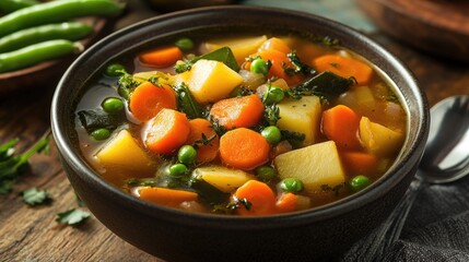 A hearty bowl of vegetable soup with chunks of carrots, potatoes, and green beans