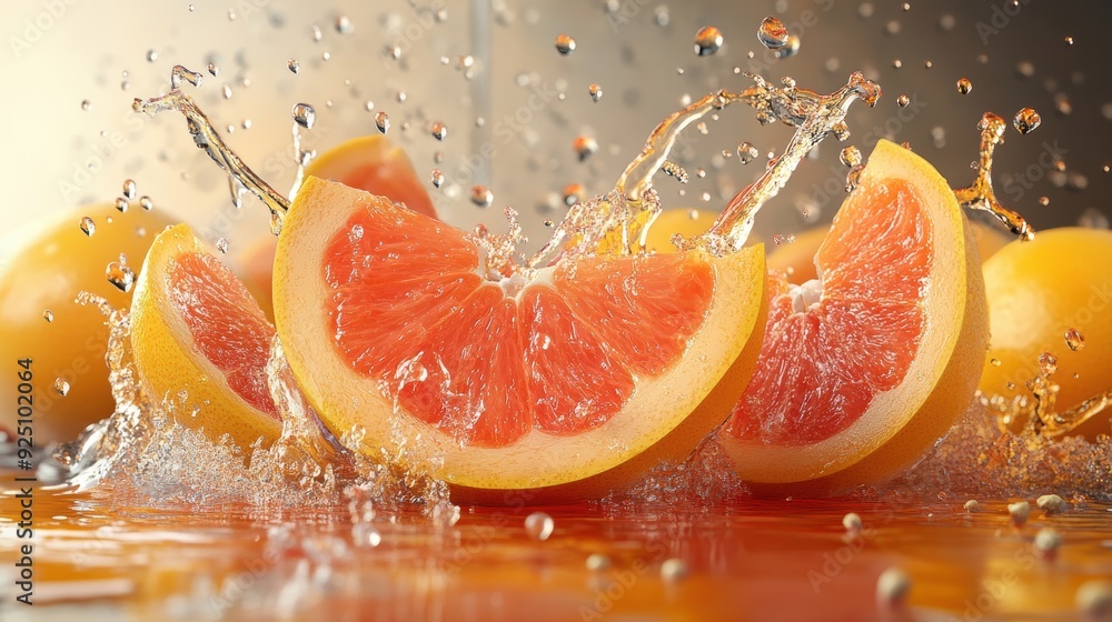Poster a close up of a grapefruit with a slice missing