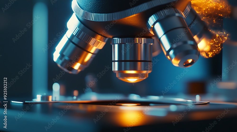 Poster a close-up of a microscope with an illuminated stage, ready for analysis.