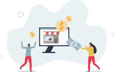 Sell products on internet using website and digital payment systems.flat design with people.