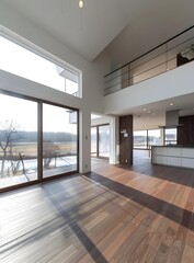 Obraz premium Modern House Interior Design With Large Windows and Wooden Floor