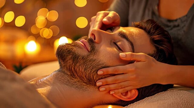 In cosy candlelight, a couple clientele relishes a soothing head massage and luxurious facial beauty skin rejuvenation.