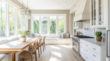 Bright and airy kitchen with large windows, a breakfast nook, and modern appliances