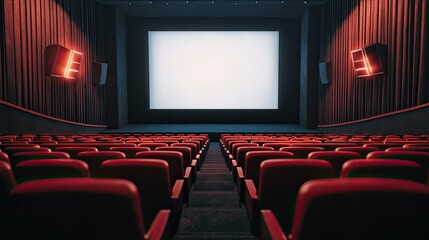 Fototapeta premium Cinema auditorium with vacant seats and a large movie screen, awaiting the audience