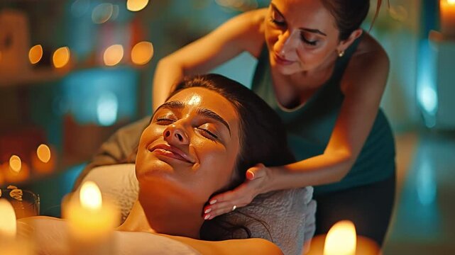 In cosy candlelight, a couple clientele relishes a soothing head massage and luxurious facial beauty skin rejuvenation.