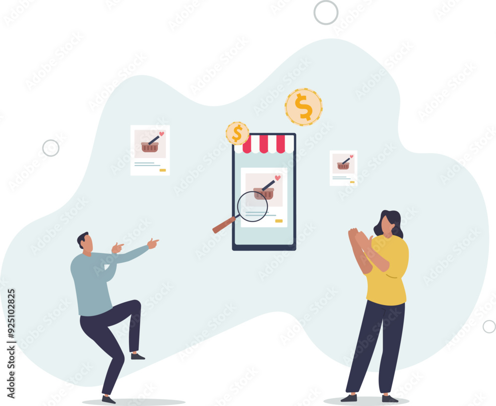 Wall mural Distant internet shop with website or mobile application platform for customers .flat design with people.