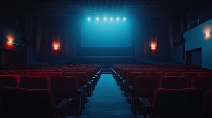 Cinema interior with rows of empty seats and a dark movie screen, ready for showtime