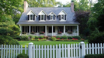Classic colonial-style home with a white picket fence, manicured garden, and traditional charm