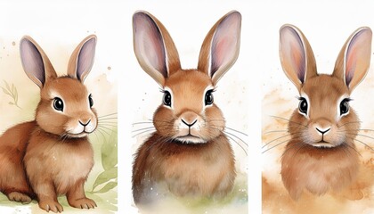 Collection of three watercolour paintings of brown cute rabbits