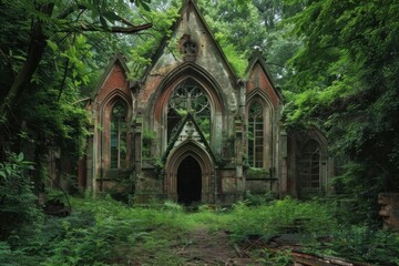 Obraz premium Abandoned church building with broken windows being slowly reclaimed by nature as plants grow on it
