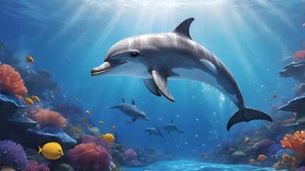 Underwater dolphins and coral reefs