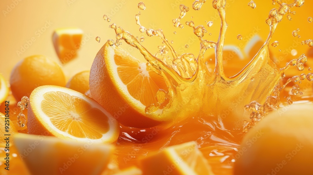 Poster a splash of orange juice with a few slices of orange floating in it