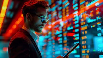 Obraz premium close-up of a businessman using a tablet to analyze large data sets in a high-stakes environment like the stock market , showcases the intense focus and speed of AI technology in data analysis