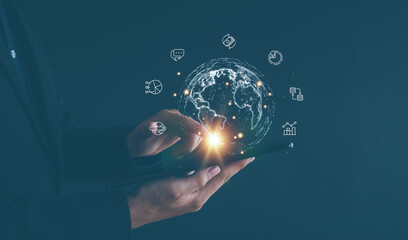 Big data and analytics visualization technology with scientist analyzing information structure on...