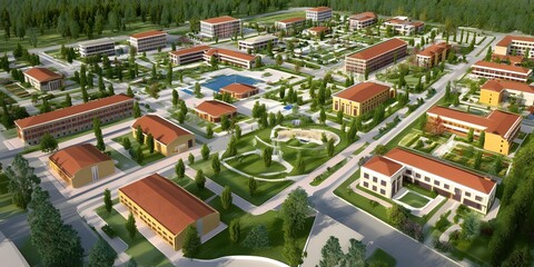 Aerial View of a Campus with Buildings and Green Spaces