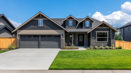 Contemporary suburban home with a two-car garage and well-maintained front lawn