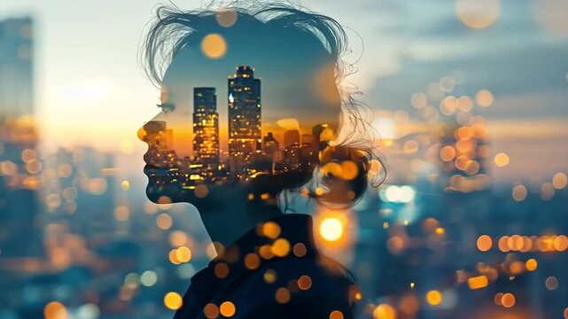 A double-exposure image of a businessperson against the backdrop of a modern metropolis. Concept for communication and commercial technologies of the future.