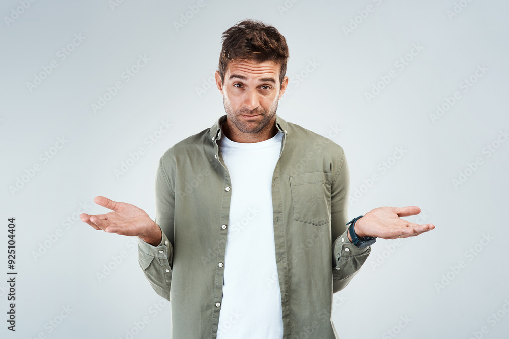 Aufkleber man, portrait and confused by choice, doubt or decision in white background with hand gesture in stu