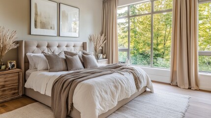 Fototapeta premium Cozy and stylish bedroom with neutral decor, large windows, and a comfortable bed