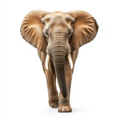 On a transparent background, a front view portrait of an elephant with its full body isolated