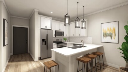 Fototapeta premium Cozy, well-lit kitchen in a new home, featuring modern appliances and a breakfast bar
