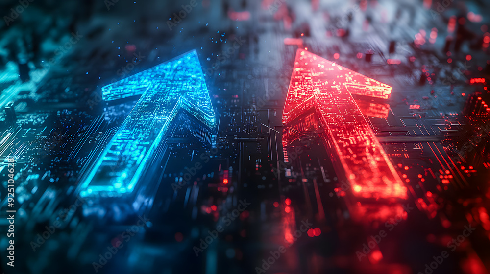 Poster glowing digital arrows in red and blue hues pointing in different directions representing the dynami