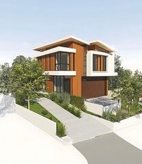 Fototapeta premium Modern House Design with Wood Siding and Landscaping