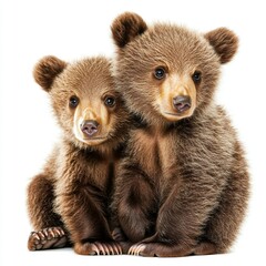 Obraz premium Front view, transparent, isolated white background of two brown bear cubs