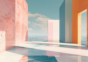 Fototapeta premium Abstract Minimalist 3D Render of Colorful Geometric Shapes with Ocean View