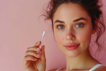 Obraz premium Skin Care Routine. Beautiful woman looking at camera holding a pipette in her hand with serum moisturizing anti aging antioxidant.