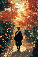 illustration of a graduated college student exploring the world for the first time, going into the world, entering the real world