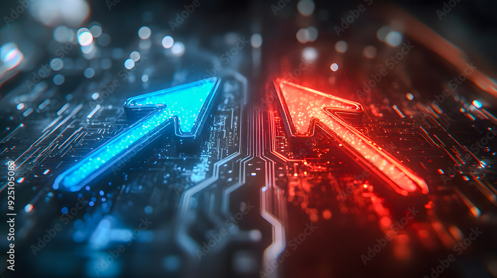 Poster glowing digital arrows moving on a futuristic technological circuit board background representing in