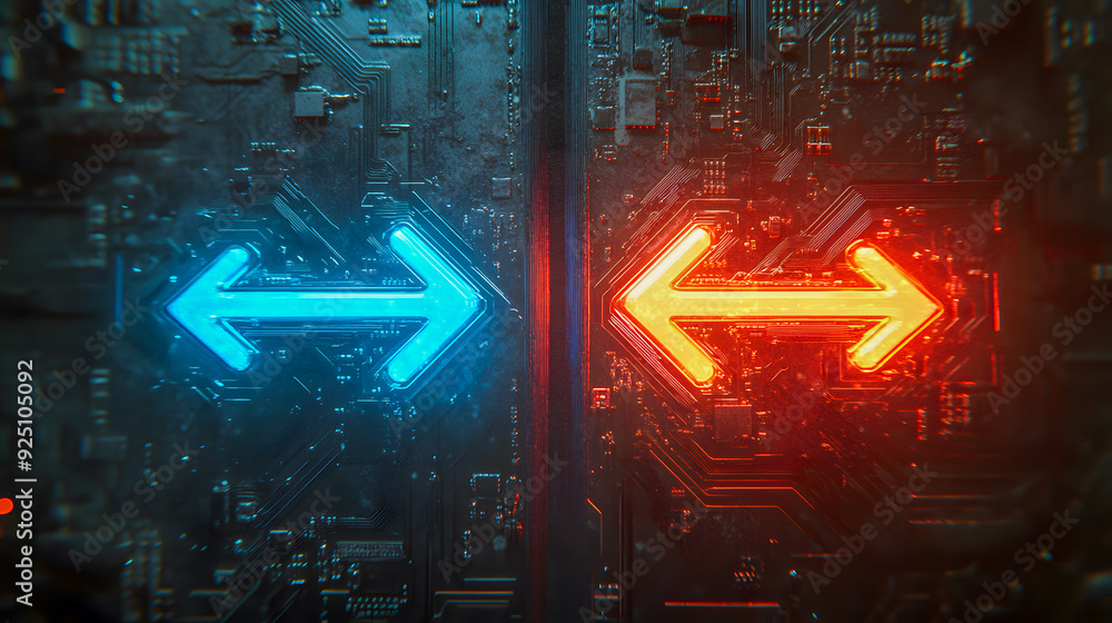 Poster illuminated neon arrows intersecting on an abstract futuristic digital circuit board background repr