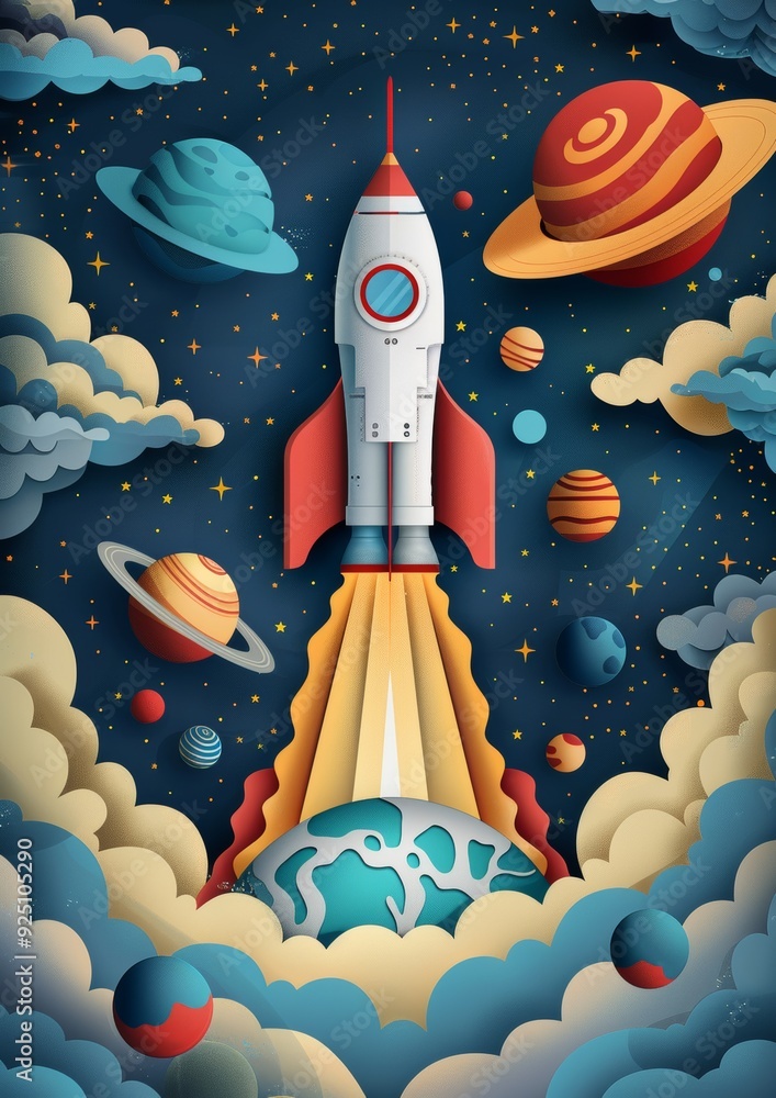 Poster colorful rocket ship taking off into outer space with planets and stars in the background