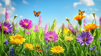 Nature background featuring a vibrant springtime meadow with diverse wildflowers in bright yellows, purples, and pinks, a fresh green grass backdrop, and a sunny sky with fluffy clouds