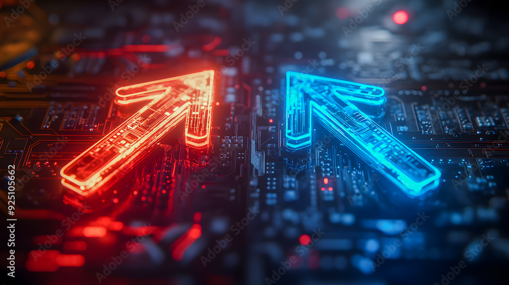 Poster futuristic and high tech digital circuit board with glowing red and blue neon lights representing in