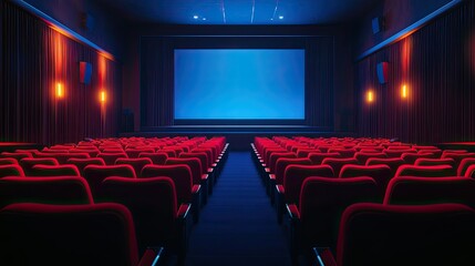 Fototapeta premium Empty cinema interior with rows of red seats and an illuminated movie screen