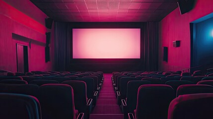 Fototapeta premium Empty cinema with plush seats and a large, unlit screen, clean and organized space