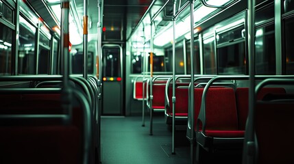 Obraz premium Empty city bus interior with rows of seats and handrails, no passengers, well-lit -