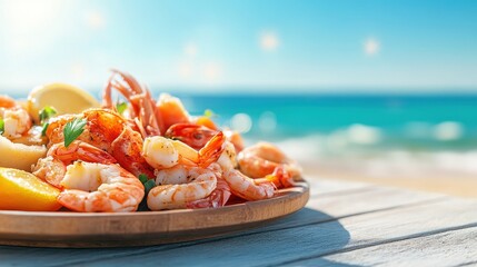 A vibrant seafood platter featuring fresh shrimp against a scenic beach background, perfect for culinary enthusiasts and summer vibes.