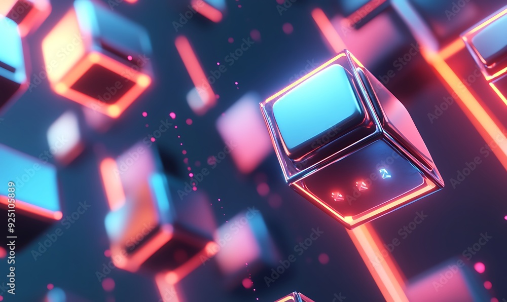 Poster Minimalistic 3D Technology Background with Floating Cubes and Hexagons Featuring LED Lights