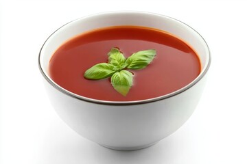 In an isolated white background, tomato cream soup is poured into a white bowl