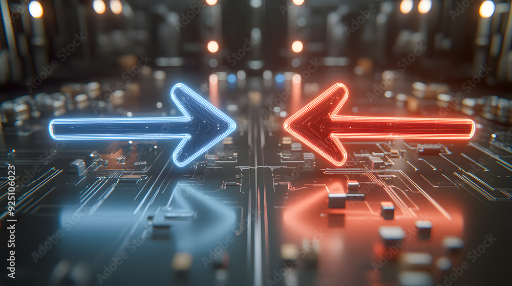 Poster neon futuristic arrow symbols on glowing circuit board background technological digital with illumin