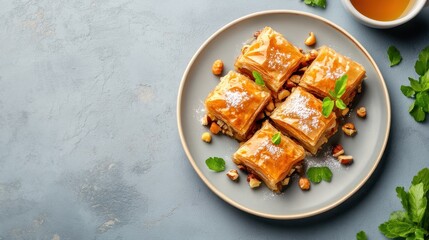 Delicious baklava on a plate, garnished with nuts and mint, served with a cup of tea. Perfect for dessert lovers and culinary enthusiasts.