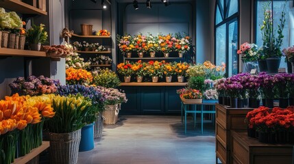 Obraz premium Empty flower shop with colorful bouquets and arrangements on display, well-organized space