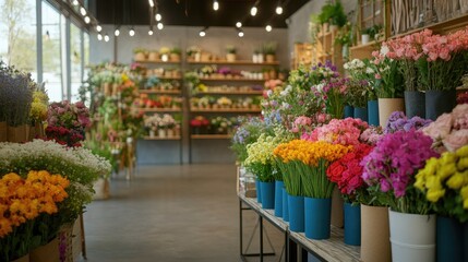 Empty flower shop with colorful bouquets and arrangements on display, well-organized space