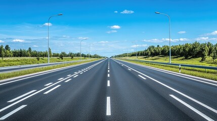Fototapeta premium Empty highway with multiple lanes and clear skies, no vehicles, smooth asphalt