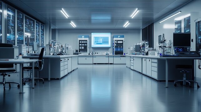 Empty IT lab with advanced technology equipment and clean workspace, no people