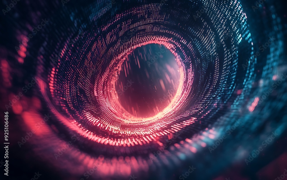 Poster Cyberpunk Technology Abstract Background with a Swirling Vortex of Binary Code and Neon Colors